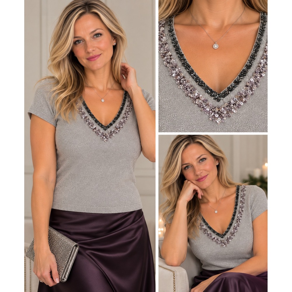 HOLT RENFREW Women V-Neck Sweater Beaded/Sequin Cashmere Angora Wool VTG Holiday